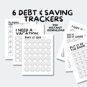 Può includere: Sei tracker di debiti e risparmi stampabili in bianco e nero. I tracker includono un tracker di vacanze con valigie e faccine sorridenti, un tracker "metti in banca" con salvadanai, un tracker "ripara" con martelli e un tracker "ce l'ho" con simboli del dollaro.