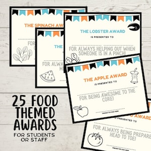Certificati Food Awards per personale o studenti - 25 premi e premi di classe - Divertenti attività di fine anno - Riconoscimenti per i dipendenti