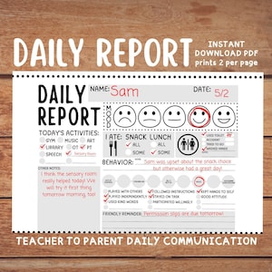 Daily Student Report - IEP Teacher Parent Communication - Instant Download PDF - Behavior Report - School Summary - Special Education Form