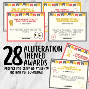 Alliteration Awards Certificates for Staff or Students - 28 Class Awards & Rewards - Fun End of Year Activity - Employee Recognition