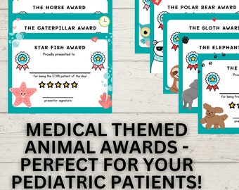 Animal Awards Certificates for Medical Child Patients - Children's Hospital Awards & Rewards - Kids Doctors Office - Pediatric Nurse