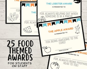 Food Awards Certificates for Staff or Students - 25 Class Awards & Rewards - Fun End of Year Activity - Employee Recognition