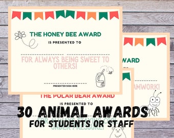 Animal Awards Certificates for Staff or Students - 30 Class Awards & Rewards - Fun End of Year Activity - Employee Recognition