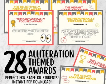 Alliteration Awards Certificates for Staff or Students - 28 Class Awards & Rewards - Fun End of Year Activity - Employee Recognition