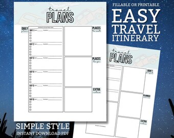 Simple Travel Itinerary Template - PDF Fillable Easy Travel Planner - Group Trip Planner - Family Vacation Checklist - Road Trip Guide