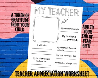 Teacher Appreciation Worksheet for Kids - Teacher End of Year Gift Note for Kids Madlib Style Fill in the Blank - PTO Teacher Gifts