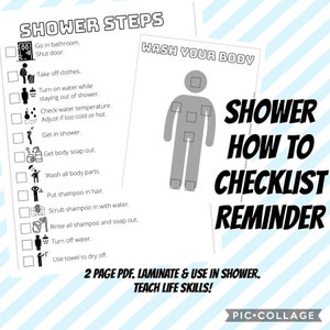 Douchestappen Levensvaardigheden Visuele leerhulp Speciale behoeften OT Autisme Hoe u een checklist in kaart brengt Badkamerherinneringen