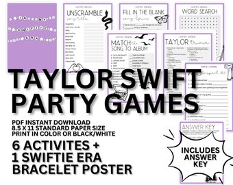 Swiftie Party Games - Era's Tour Birthday Party, Bachelorette, Girls Trip Activities - Taylors Version Word Search - Song Lyric Match Games