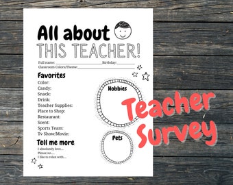 All About This Teacher Instant Download - Teacher Survey PTO Resources - Teacher Appreciation Week Survey - Get to Know Teacher Favorites