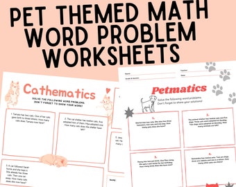 Math Word Problems Worksheet - Cat Pet Math School Worksheets - Grade School Math Problems - Printable Fun Math Worksheets for Teachers