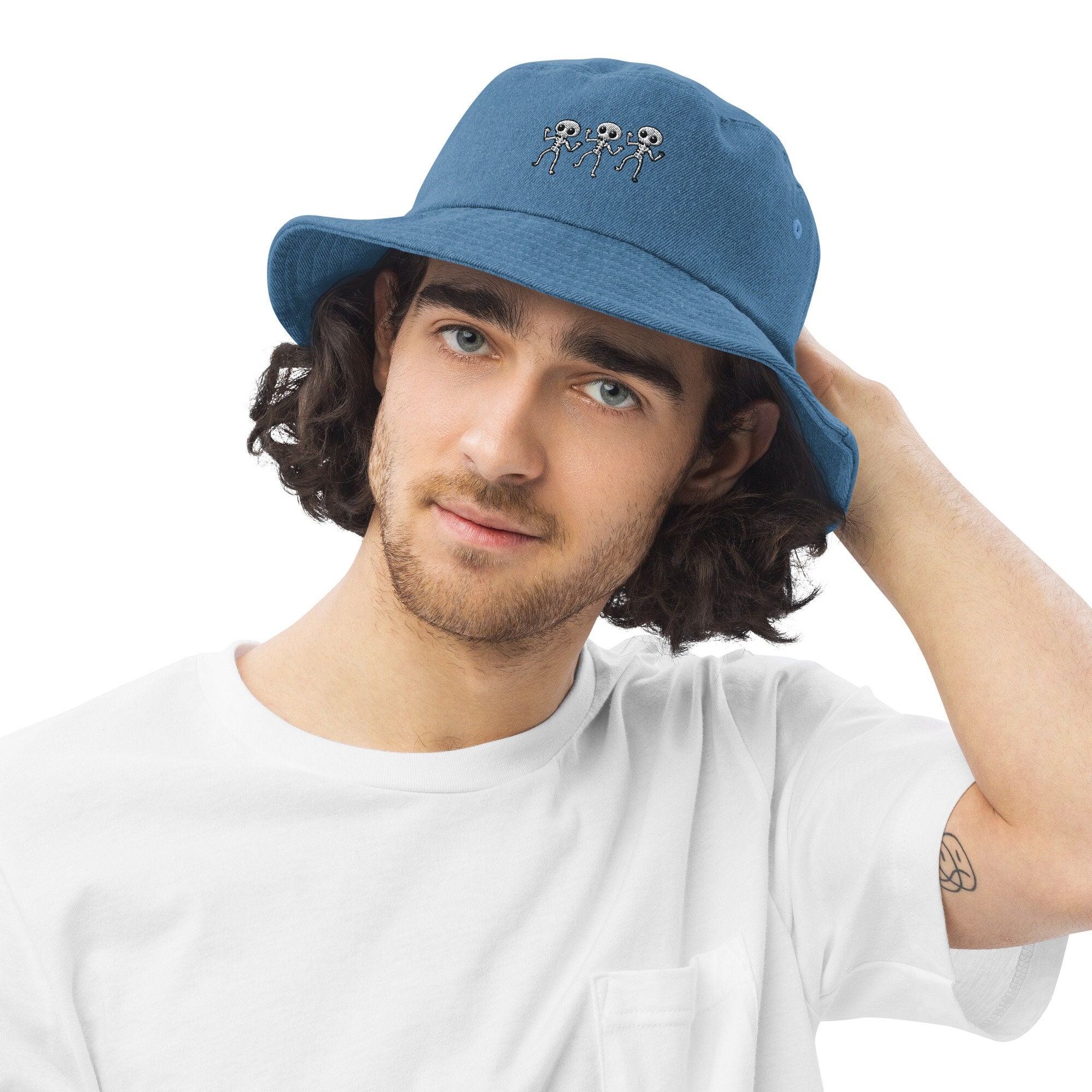 Skeleton Bucket Hat Denim Spooky 