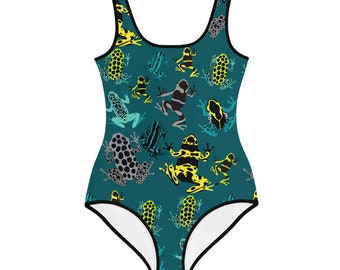 Poison Dart Frog Swimsuit - Tween Modest One Piece - Tropical Colorful Frog Swimming Suit for Preteens - Bathing Suit w Bright Color Frog