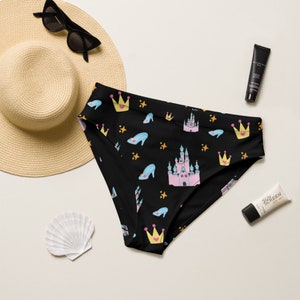 Castle High Waisted Bikini Bottoms - Women&#39;s Princess Swimsuit Separates - Tiara & High-heel Print Magical Bathing Suit Bottoms for Disney