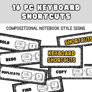 16 PC Keyboard Shortcut Signs - STEAM Classroom Technology Word Wall - Compositional Notebook Style Teacher Resource for Computer Class