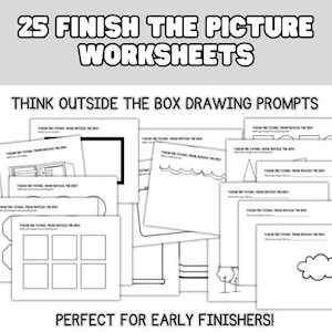 Op de afbeelding: Een set van 25 zwart-witte printbare werkbladen voor kinderen. De werkbladen bevatten eenvoudige vormen en de tekst "Maak het plaatje af. Denk buiten de kaders. Perfect voor vroege afmakers!"