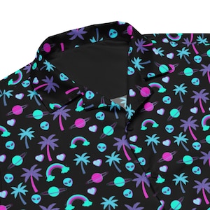 Psychedelic Unisex Button Shirt - Fun, Summer Neon Button Up Shirt - Casual Rave Outfit - Quirky Space Alien Palm Tree Dress Shirt