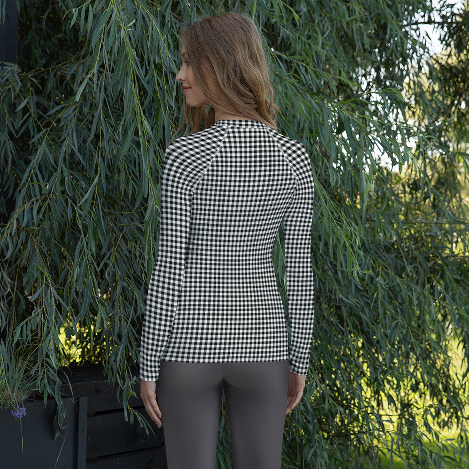 Women's Gingham Rash Guard Black and White Check Swim Etsy