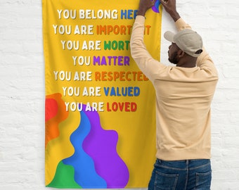 Affirmations Wall Flag - Indoor Fabric Wall Hanging - Positive Statements Classroom Poster - Colorful You Belong Here Decor - Playroom Art