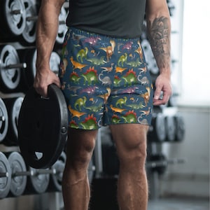 Teal Dinosaur Men&#39;s Athletic Long Shorts - Colorful Watercolor Dino Swim Shorts - Prehistoric Waterproof Gym Shorts for Dino Party