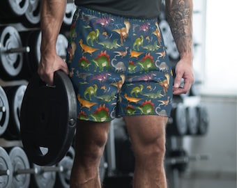 Teal Dinosaur Men&#39;s Athletic Long Shorts - Colorful Watercolor Dino Swim Shorts - Prehistoric Waterproof Gym Shorts for Dino Party