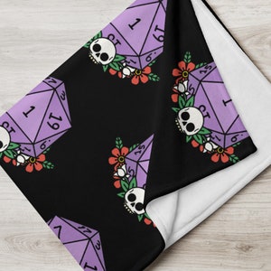 Floral Skull D20 Dice Throw Blanket for Dungeons & Dragons Role Playing TableTop Gamers - DnD 20 Sided Dice Gift - Gift for Nerdy Game Night
