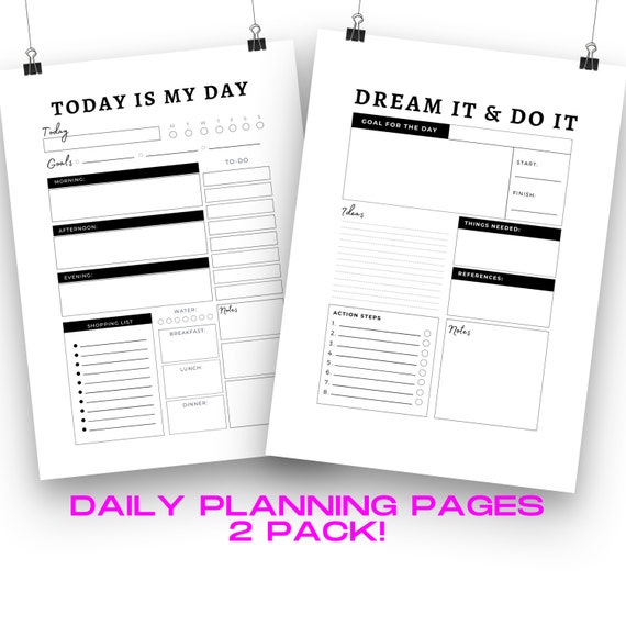 Daily Planning Pages 2 Pack Black and White Printable Goals - Etsy