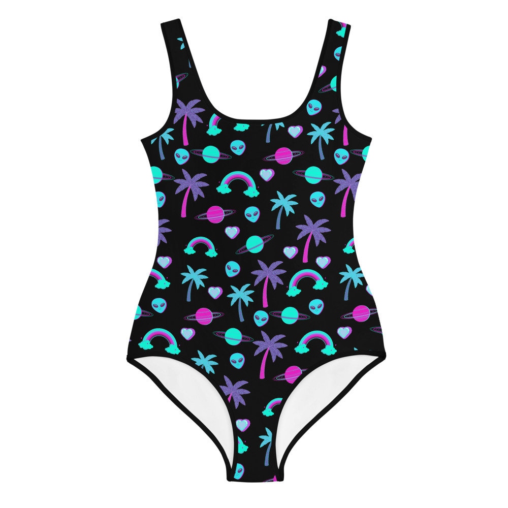 Neon Space Alien Teen Girl Swimsuit - Neon Pink & Purple Palm Trees ...