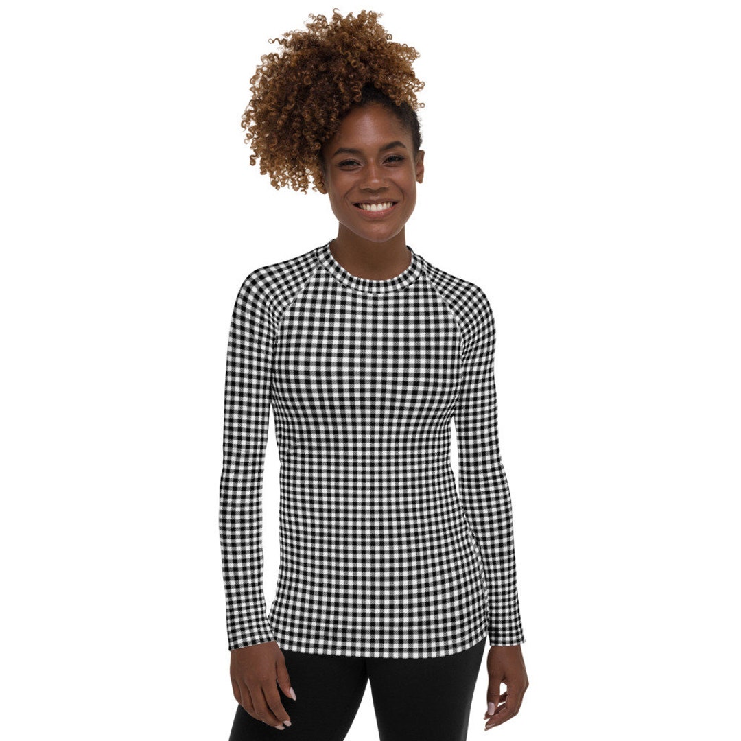 Women's Gingham Rash Guard Black and White Check Swim Top Swimsuit
