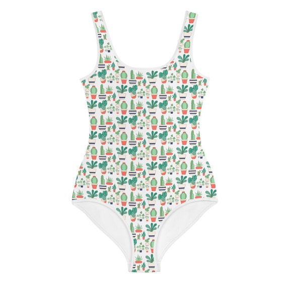 Cactus Girls Swimsuit, Modest Green & White Teen Swimwear, Potted