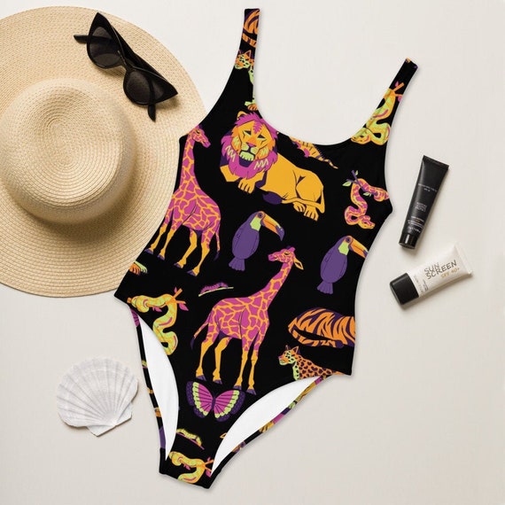 Neon Animal One Piece Swimsuit Colorful Zoo Print | Etsy