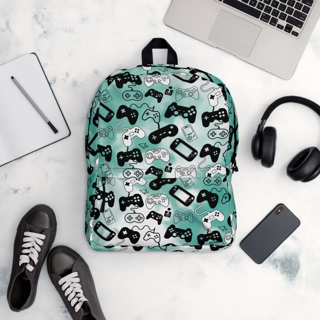 Video Game Controller Backpack Unisex Tie Dye Blue Gamer Bookbag School Bag for Video Gaming