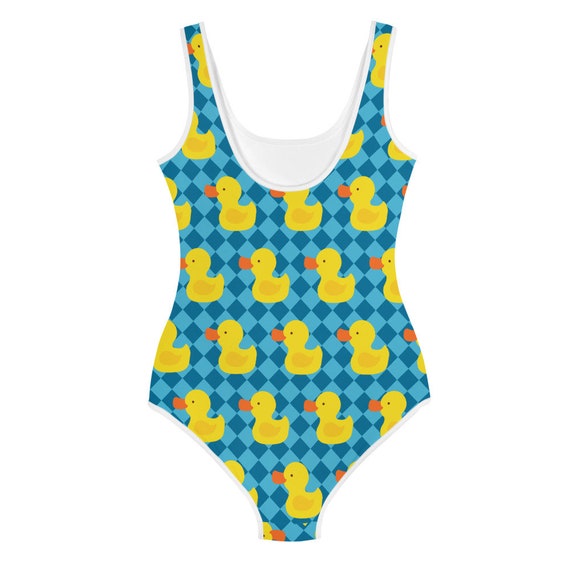 Yellow Rubber Ducky Girls Swimsuit Youth Blue Checker Print One Piece  Bathing Suit Modest Unique Duck Swimming Suit for Tweens 