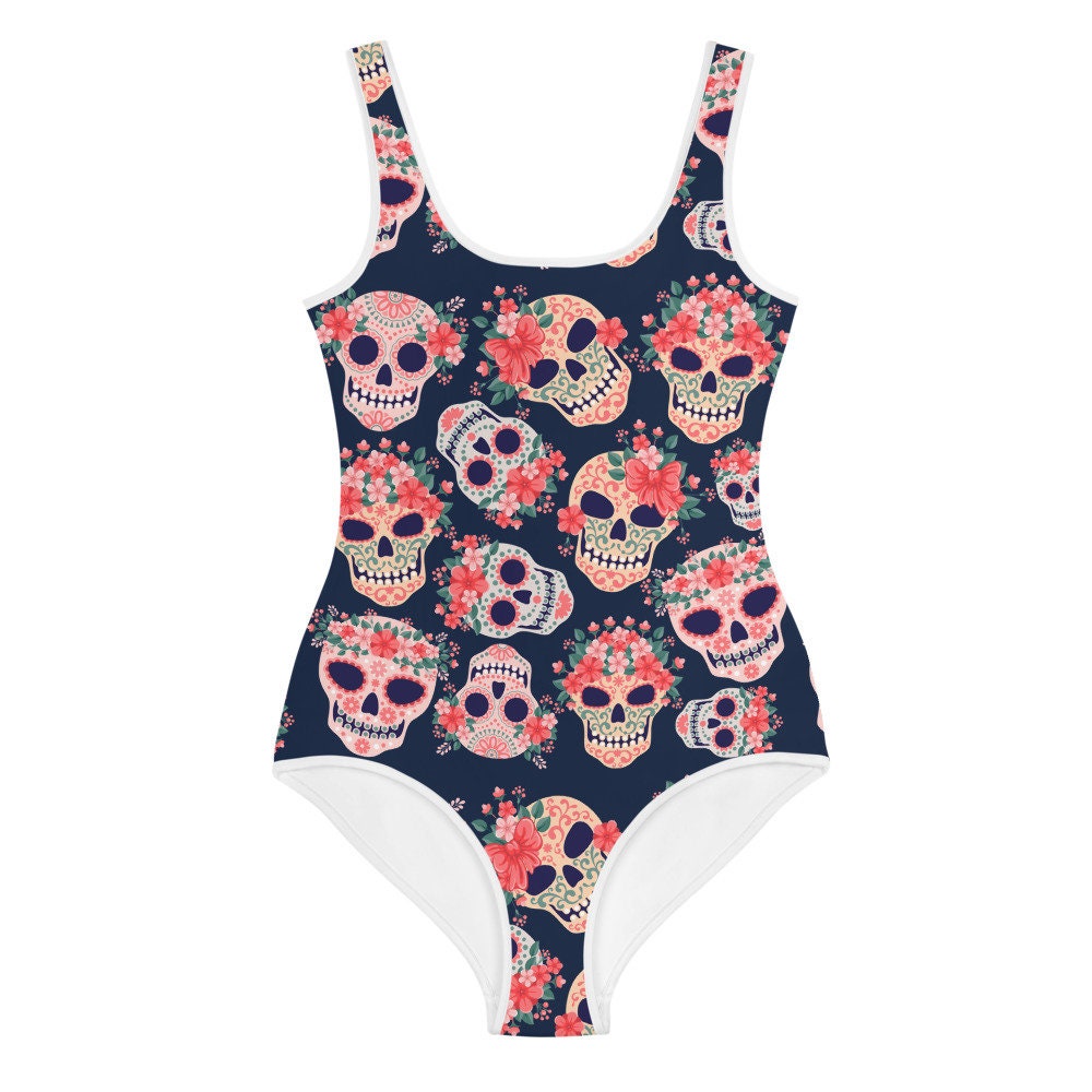 Sugar Skull Preteen Girl Swimsuit Size 8-20 - Navy, Pink, Peach, Green & White Floral Skull Bathing Suit for Teen - Day of the Dead Calavera