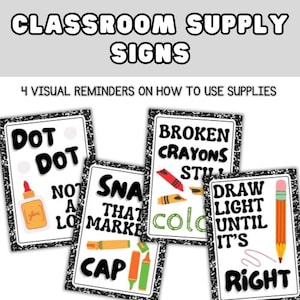 Puede incluir: Cuatro carteles de aula en blanco y negro con recordatorios visuales sobre cómo usar los suministros. Los carteles dicen "Punto Punto", "Los lápices rotos aún colorean", "Cierra ese marcador", y "Dibuja ligero hasta que esté bien".