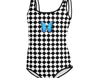 Checker Print Strawberry Teen Girls Swimsuit - Modest Black & White Gingham One Piece Swimsuit - Youth Full Coverage Bathing Suit Sizes 8-20