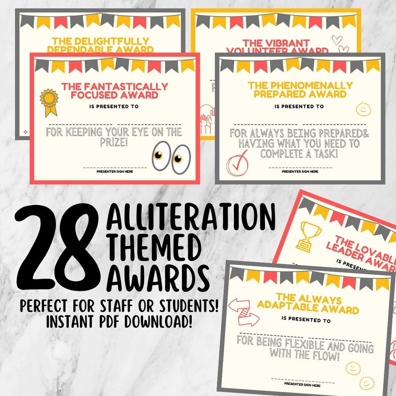 Alliteration Awards Certificates for Staff or Students 28 Class Awards & Rewards Fun End of Year Activity Employee Recognition image 1