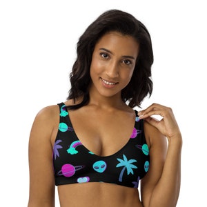 Neon Alien Bikini Top - Palm Trees & Rainbows Rave Swimwear - Trippy Swimsuit Separates - Women&#39;s Space Swim Top