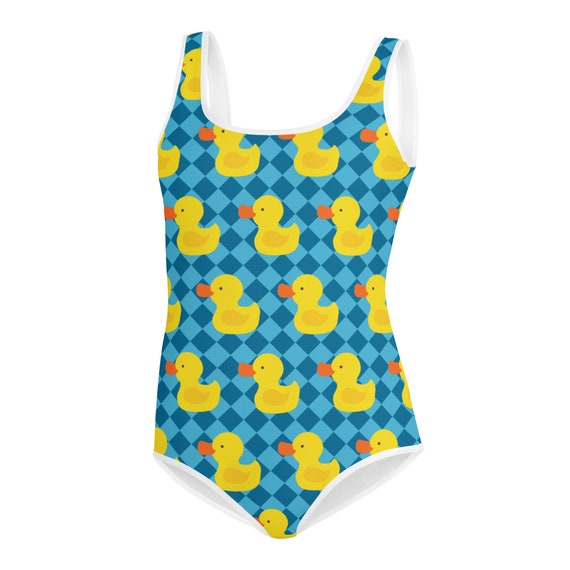 Yellow Rubber Ducky Girls Swimsuit Youth Blue Checker Print One