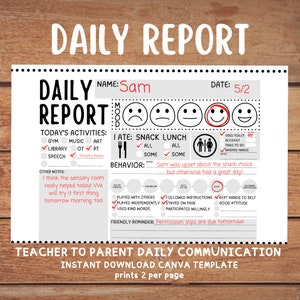 May include: A printable daily report form for teachers to communicate with parents. The form includes sections for mood, activities, lunch, snack, behavior, and other notes. The form is titled "Daily Report" and includes the text "Teacher to Parent Daily Communication" and "Instant Download Canva Template".