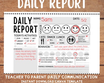 Daily Student Report Canva Template - IEP Teacher Parent Communication - Behavior Report - School Summary - Special Education Form