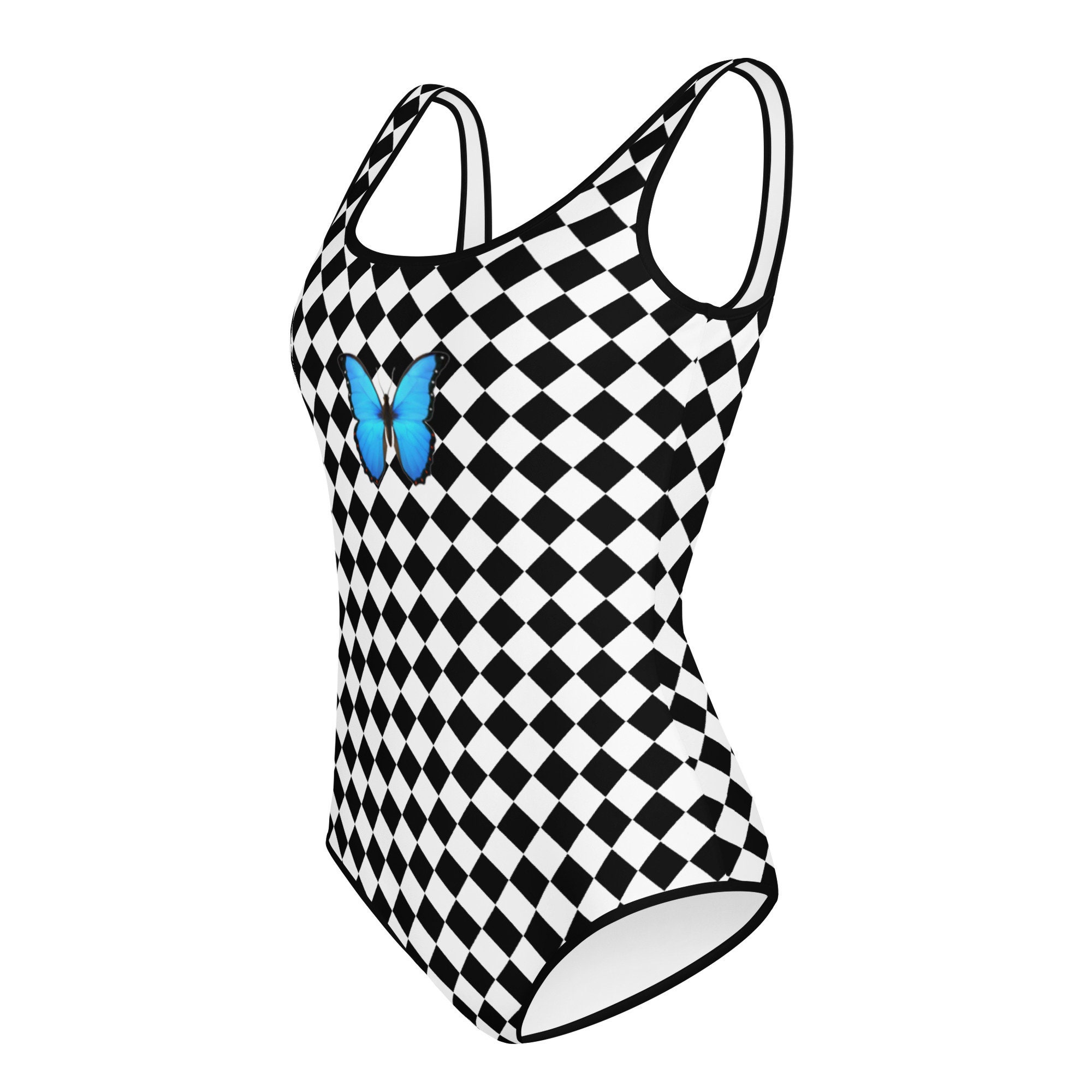 Checker Print Teen Swimsuit Modest One Piece Tween Bathing Suit Girls Black  & White Checkered Racing Flag, Gingham, Check Print Swimwear 