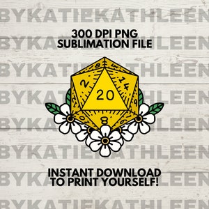 D20 Würfel Sublimation Print File - Dungeons & Dragons Sofort Download PNG 300 DPI - Table Top Game Party Tee - Dungeon Master Design