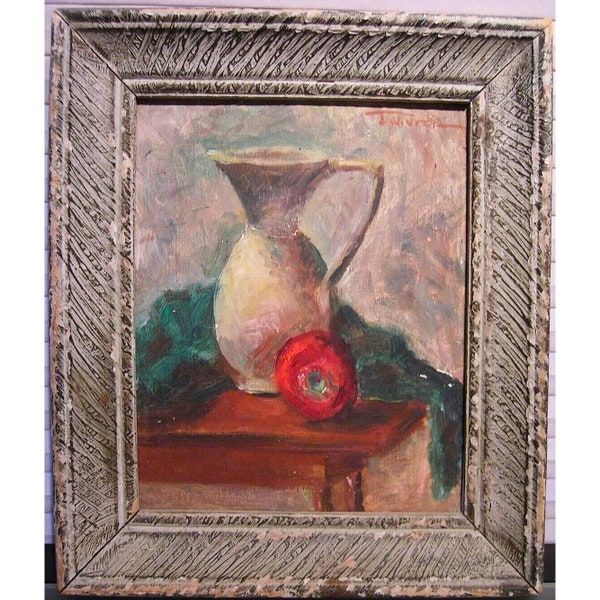 Vintage 1940s Still Life Oil Painting Apple Pitcher Signed