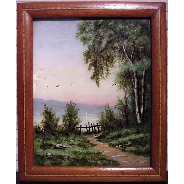 Antique Reverse Painting on Glass Hudson River Valley Sunset Landscape