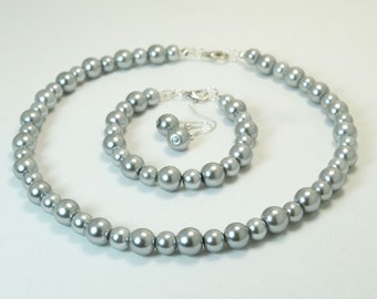 Gray Pearl Jewelry Set, Silver Bridesmaid Jewelry Set, Pearl Strand Jewelry Set, Pearl Flower Girl Jewelry, Classic Gray Pearl Jewelry Set