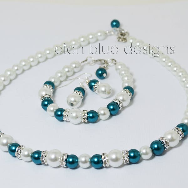 White and Teal Pearl Necklace, White Pearl Jewelry set, Teal & White Beaded Necklace, White and Teal Wedding, Teal Pearl Jewelry Set