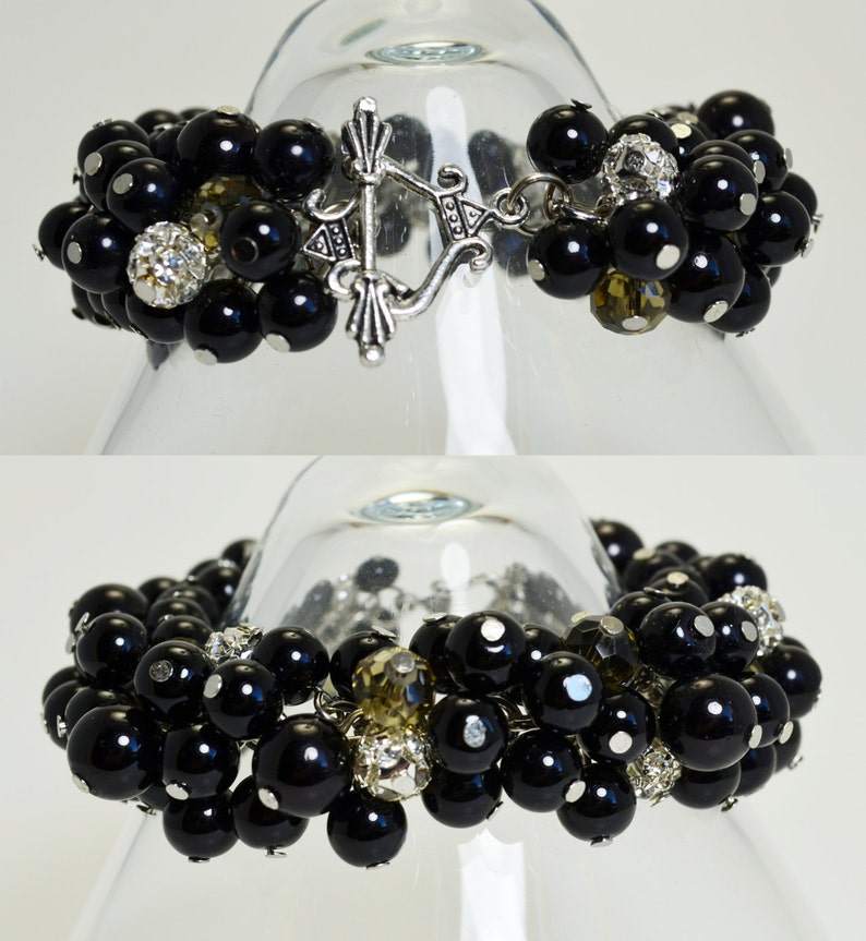 Black Pearl bracelet, Black Pearl and Rhinestone Bracelet, chunky bracelet. wedding bracelet, black beaded bracelet, black crystal bracelet image 5