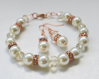 Pearl Bracelet & Earrings set, Rose Gold Bracelet Set, Pearl and Rhinestone Jewelry Set, Ivory Bridal Jewelry, Bridesmaids Pearl Bracelet