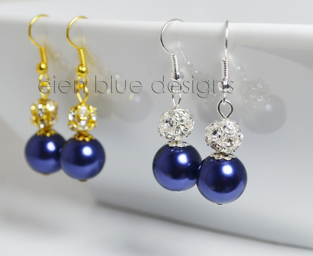 Navy Pearl & Rhinestone Earrings, Navy Pearl Earrings, Navy Blue