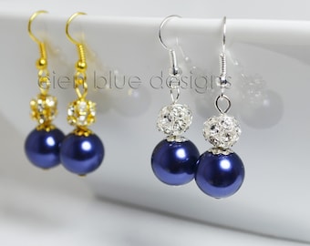 Navy Pearl & Rhinestone Earrings, Navy Pearl Earrings, Navy Blue Earrings, Navy Bead Earrings, Sparkly Blue Earrings, Navy Blue Jewelry